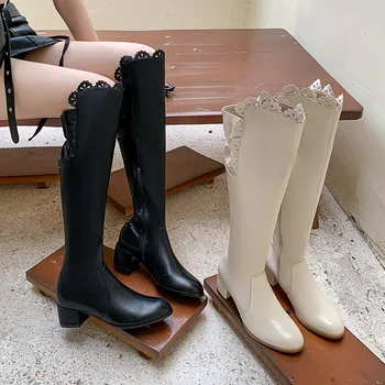 MKKHOU Модные женские сапоги до колена из новой высококачественной натуральной кожи с круглым носком и шнуровкой, с прямыми штанинами, современные длинные сапоги