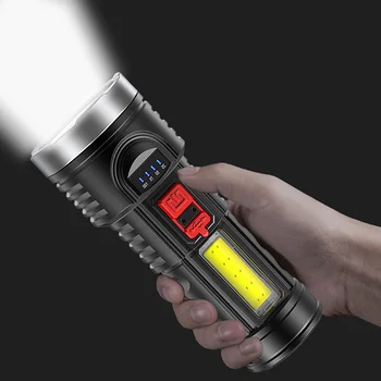 Портативный светодиодный тактический фонарик с боковым COB USB-перезаряжаемым фонарем, встроенным аккумулятором, водонепроницаемым ручным фонарем для кемпинга