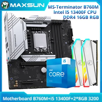 MAXSUN Terminator B760M D4 с процессором i5 13400F Совершенно новый Комплект Материнской платы Память RGB DDR4 8G * 2 = 16 ГБ 3200 МГц Память для Игрового ПК