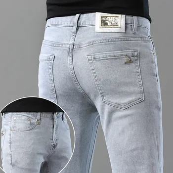 Тонкие мужские джинсы элитного бренда High end, эластичные, приталенные Повседневные Универсальные брюки небольшой прямой длины