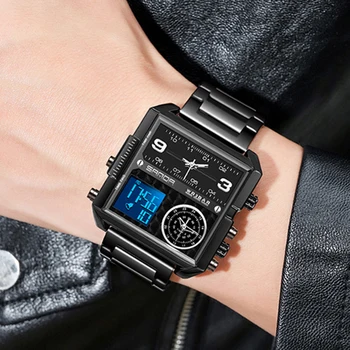 Цифровые мужские часы SANDA Square с двойным дисплеем, модные квадратные электронные наручные часы, крутые светящиеся часы из нержавеющей стали 2023