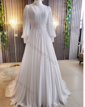 Элегантное Мусульманское Свадебное Платье с Аппликацией для Невесты, Арабское Свадебное Платье с Длинным Рукавом, Хиджаб С Высоким Вырезом, Robe De Soirée De Mariage