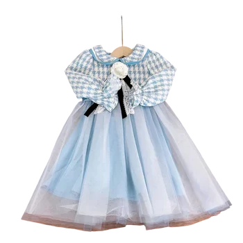 Модное милое платье принцессы для маленьких девочек, Новое осеннее сетчатое платье с длинными рукавами и цветочным бантом для девочек 2023 года