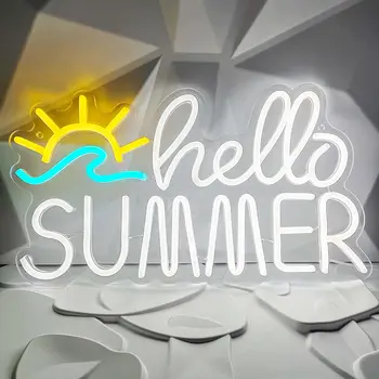 Неоновая вывеска Hello Summer с питанием от USB для декора комнаты, светодиодный неоновый ночник с регулируемой яркостью для бара, ресторана, настенного искусства в мужской пещере