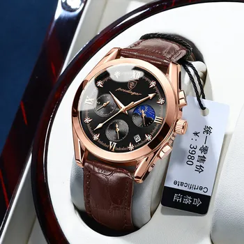 POEDAGAR Роскошные мужские часы, лидирующий бренд, Бизнес, Водонепроницаемые, со светящейся датой, хронограф, Кварцевые Кожаные мужские часы Relogio Masculino