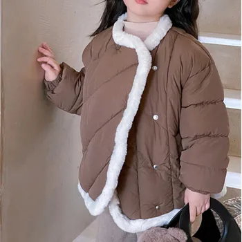 Модное пальто для девочек, детские парки с длинными рукавами, детская меховая зимняя куртка с подкладкой, толстые топы, верхняя одежда, одежда от 1 до 6 лет
