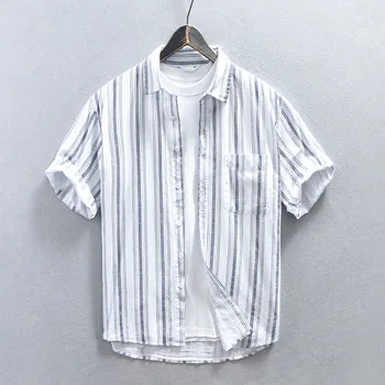 Мужская рубашка в полоску с короткими рукавами 2023, модная дышащая крутая рубашка из хлопка и льна