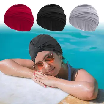 Женские эластичные шапочки для плавания, защищающие уши, Шапочка для плавания с длинными волосами, аксессуары для плавания, Однотонная шляпа, Головные уборы для дайвинга, водонепроницаемые плиссированные A0G4