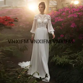 Шифоновые свадебные платья в стиле Бохо с длинными пышными рукавами 2023, кружевные аппликации с высоким воротом, свадебное платье в винтажном стиле Vestido De Noiva