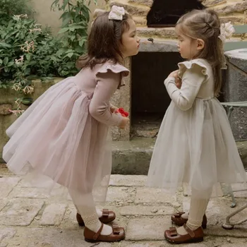 Детское платье 2023, осеннее новое модное платье принцессы для девочек в корейском стиле с длинными рукавами, однотонное газовое милое платье для девочек