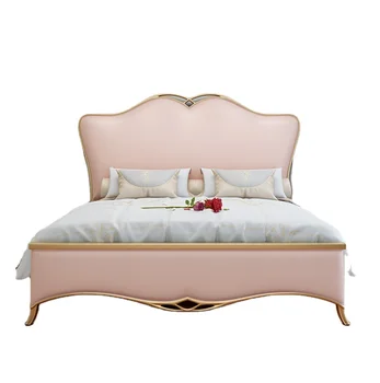 Французская Роскошная Современная Двуспальная кровать из массива дерева 1,8 м Master King Girl Princess Bed Розовая Свадебная кровать из натуральной кожи