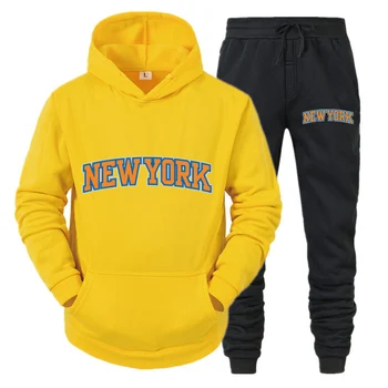 Костюм с капюшоном с принтом Нью-Йорка, пара толстовок + брюки, спортивные костюмы, Повседневные пуловеры, спортивные рубашки, спортивные штаны для бега трусцой.