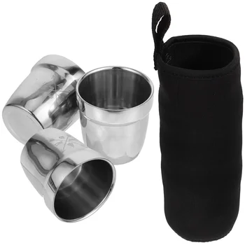 1 комплект чашек из нержавеющей стали, металлическая чашка для воды, походная чашка, двухслойная чашка с футляром для хранения