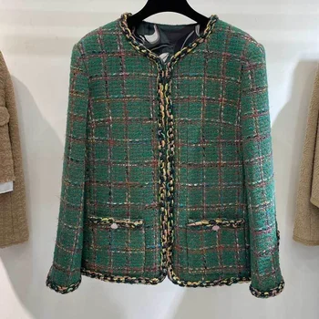 Модный твидовый пиджак в зеленую клетку в стиле ретро с круглым вырезом и пряжкой, Тонкое шелковое шерстяное пальто Y2K Жаккардовая женская одежда