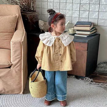Детская одежда Пальто для девочек 2023 Весна Осень Новый Корейский стиль Кружевной воротник Хлопчатобумажная льняная кукольная рубашка Princess Sweet Повседневное пальто