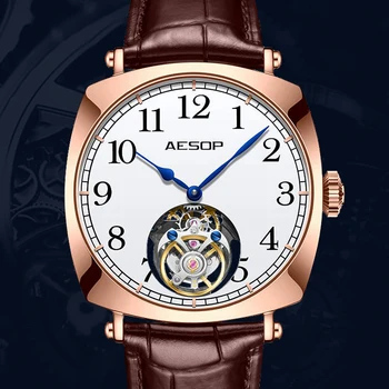 Мужские механические часы Aesop Business Tourbillon с двусторонним выдалбливанием Wirstwatch сапфировые водонепроницаемые суперсветящиеся часы 7068