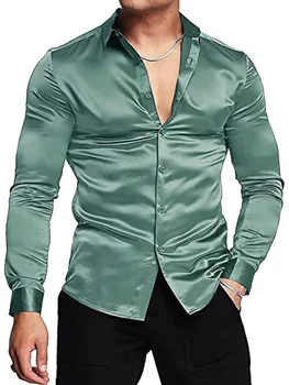 Мужская роскошная блестящая шелковая атласная рубашка с кубинским воротником и длинным рукавом, повседневные облегающие рубашки на мышечных пуговицах