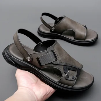 Сандалии мужские Летние, новый стиль, мужская повседневная уличная пляжная обувь, дышащие тапочки 2023, Британские и корейские кожаные сандалии
