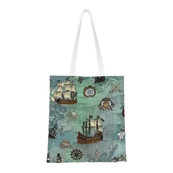 Пиратская карта, Морской принт, сумки для покупок с продуктами, женские сумки-тоут с черепом моряка, холщовые сумки для покупок, сумки через плечо, сумки большой емкости