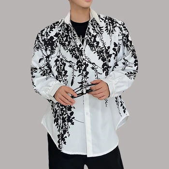 Осень 2023 Мужская рубашка с индивидуальным цифровым принтом, отвороты, Майки с длинным рукавом, Уличная одежда, Корейский шик, Свободная Повседневная Мужская одежда