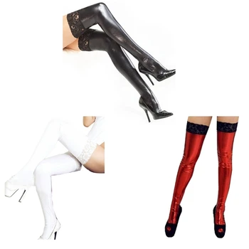 Женские однотонные сексуальные чулки Wetlook до бедра, кружевной топ из искусственной кожи, длинные носки, прямая поставка