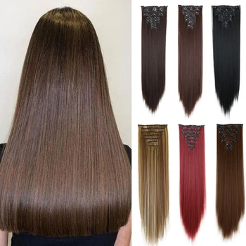 Синтетические прямые волосы длиной 24 дюйма для наращивания, 7 шт. /компл., 16 зажимов из высокотемпературного волокна, черно-коричневый шиньон для женщин