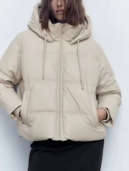 Осенне-зимняя новая женская одежда, однотонная универсальная теплая куртка из искусственной кожи с коротким капюшоном и подкладкой.