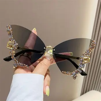 Роскошные Солнцезащитные очки Diamond Butterfly женского бренда y2k, Винтажные солнцезащитные очки большого размера без оправы, женские очки оттенков gafas de sol