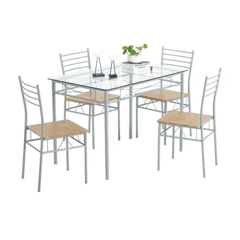Наборы обеденных столов из 5 предметов, Кухонный стол, 4 металлических стула из МДФ, Прямоугольный простой обеденный стеклянный стол, серебристый