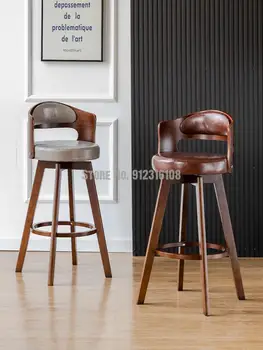 Барный стул из массива дерева современный простой барный стул с вращающейся спинкой высокий табурет барный стул на стойке регистрации высокий стул бытовой