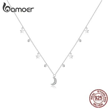 bamoer Аутентичное ожерелье из стерлингового серебра 925 пробы с подвеской в виде белой Луны и звезды для женщин, ожерелья из звеньев цепи, ювелирные изделия из серебра 925 пробы SCN420