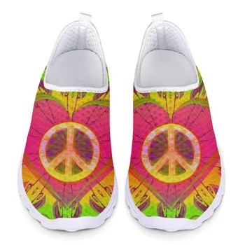Повседневная женская обувь с графическим принтом Love and Peace, модные разноцветные кроссовки на плоской подошве, Удобная обувь из дышащей сетки