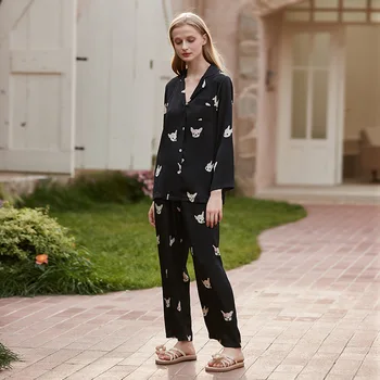 QSROCIO Женская весенне Летняя шелковая пижама с принтом щенка, брюки с длинным рукавом, комплект из двух предметов, модная повседневная домашняя одежда