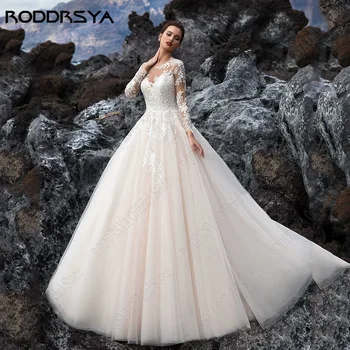 RODDRSYA Изысканные свадебные платья для женщин с длинными рукавами и круглым вырезом, иллюзионные платья невесты, vestidos de novia А-силуэта цвета шампанского