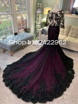 Черно-фиолетовые свадебные платья в готическом стиле с рукавами-иллюзиями, кружевными пуговицами с аппликацией, прозрачным вырезом-трубой, свадебное платье-русалка.