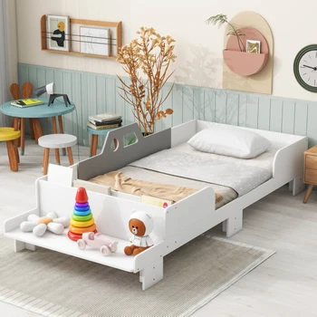 Двуспальная кровать в форме автомобиля со скамейкой для мебели для спальни в помещении, белый