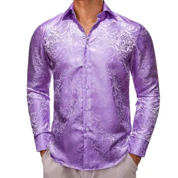 Роскошные рубашки с длинными рукавами для мужчин, шелковые светло-фиолетовые серебристые мужские блузки с узором Пейсли, повседневные топы, дышащие Barry Wang
