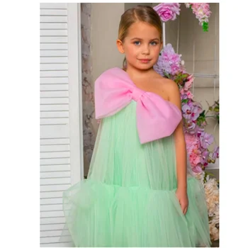 Двухцветное тюлевое платье с цветочным узором для девочек на одно плечо, Бал принцессы, Конкурс красоты, Первое причастие, Детский сюрприз, подарок на день рождения.