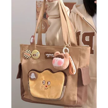 Школьница, портативная сумка-тоут на одно плечо для женщин в японском ретро стиле, большая вместительная холщовая сумка с милым мультяшным тостом