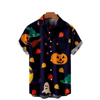 Мужская коллекция, рубашка на Хэллоуин, 3D принт в виде тыквы, пуговицы спереди, мягкая летняя пляжная повседневная гавайская рубашка с коротким рукавом, размер оверсайз y2k