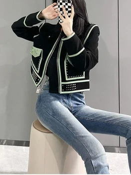 Укороченная куртка Женская Элегантный дизайн Мотоциклетная уличная одежда с карманом Корейская модная верхняя одежда Y2K Повседневная куртка с заклепками Пальто для женщин