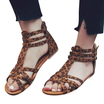 Женская обувь на плоской подошве, Летние богемные римские сандалии-гладиаторы, женская пляжная обувь на плоской подошве больших размеров, повседневные сандалии с открытым носком