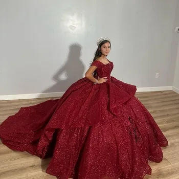 Бордовое Блестящее Бальное платье С Открытыми плечами, Расшитое бисером И Яркими Аппликациями, 3DFlower Quinceanear Dress Princess Sweet 16 Vestidos De 15