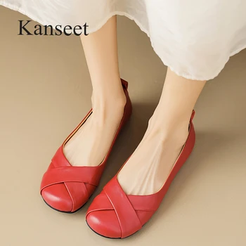 Kanseet/ балетки / Новинка осени 2023, Модная женская обувь из натуральной кожи с круглым носком, Удобная женская обувь ручной работы, Красный 33-40.
