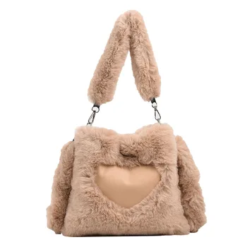 Женская сумка с сердечком, модная меховая сумка через плечо, повседневная пушистая сумка-ранец, Мягкая Универсальная сумочка для свиданий и покупок.