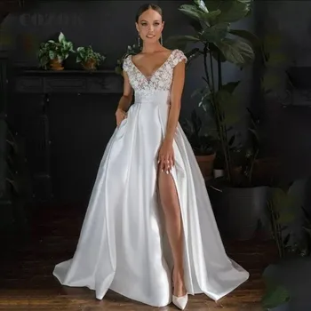 Сексуальные платья для невесты с V-образным вырезом и открытой спиной, свадебное платье с коротким рукавом, Атласное свадебное платье с разрезом, индивидуальный размер