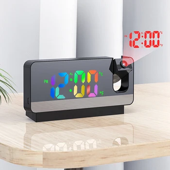 Цифровые Настольные часы Перезаряжаемый Цветной RGB будильник Многофункциональный проектор на 180 ° на потолке для спальни Офиса