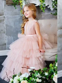 Платья для девочек-цветочниц из розового тюля с пышным многоуровневым V-образным вырезом без рукавов для свадьбы, дня рождения, банкета, платья принцессы
