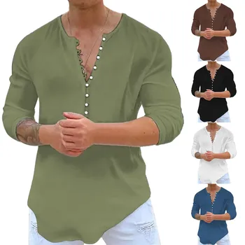 Активная мужская мода с длинным рукавом, повседневная удобная и универсальная однотонная мужская футболка с V-образным вырезом, однотонные футболки, мужская рубашка из плотного хлопка.