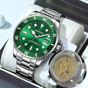 Роскошные деловые часы KIMSDUN для мужчин, Зеленый вращающийся безель, светящийся циферблат, ремешок из нержавеющей стали, кварцевые часы с механическим дизайном